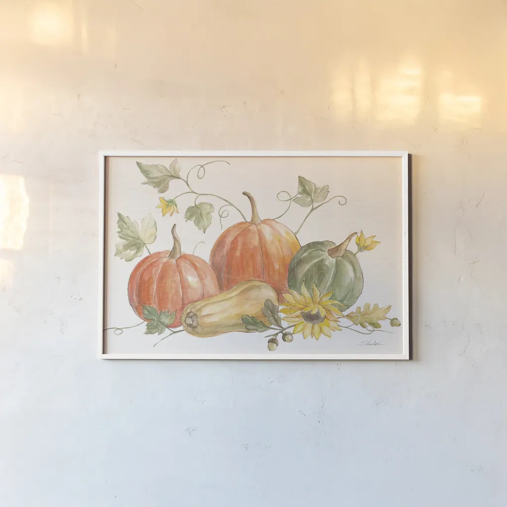Happy Harvest Pumpkins by Silvia Vassileva. shown as a paper print in a white frame. Available as a archival giclee rolled canvas, fine art paper, or poster print. SKU 75100i.