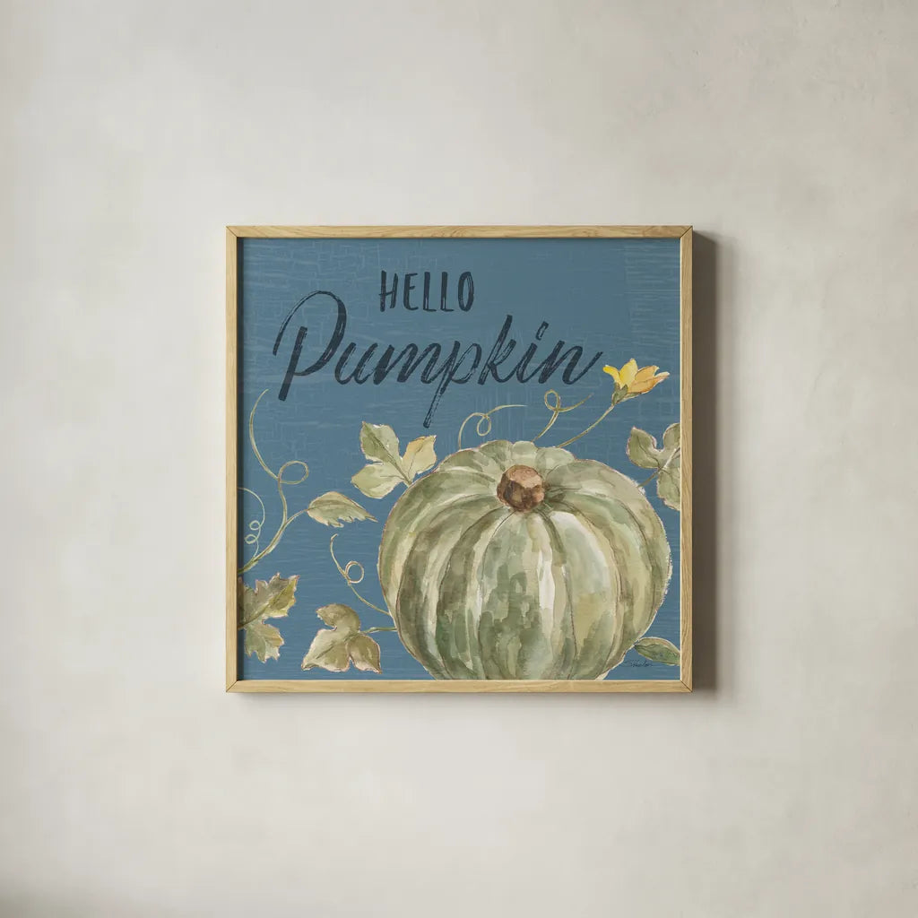 Happy Harvest VII Blue by Silvia Vassileva. Shown in a natural wood glass frame for a timeless modern aesthetic. Available as an archival giclee rolled canvas, fine art paper, or poster print. SKU 74792a.