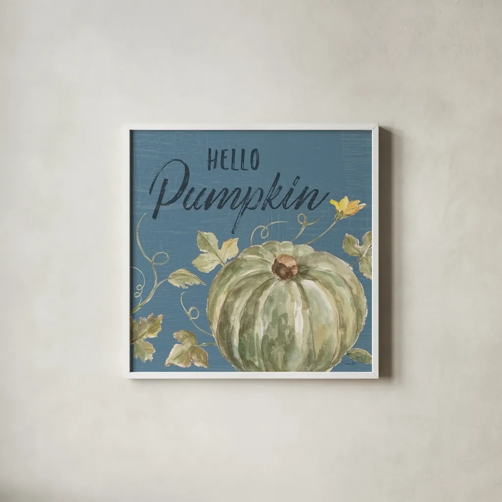 Happy Harvest VII Blue by Silvia Vassileva. Shown in a crisp white glass frame for a clean and minimalist style. Available as an archival giclee rolled canvas, fine art paper, or poster print. SKU 74792a.