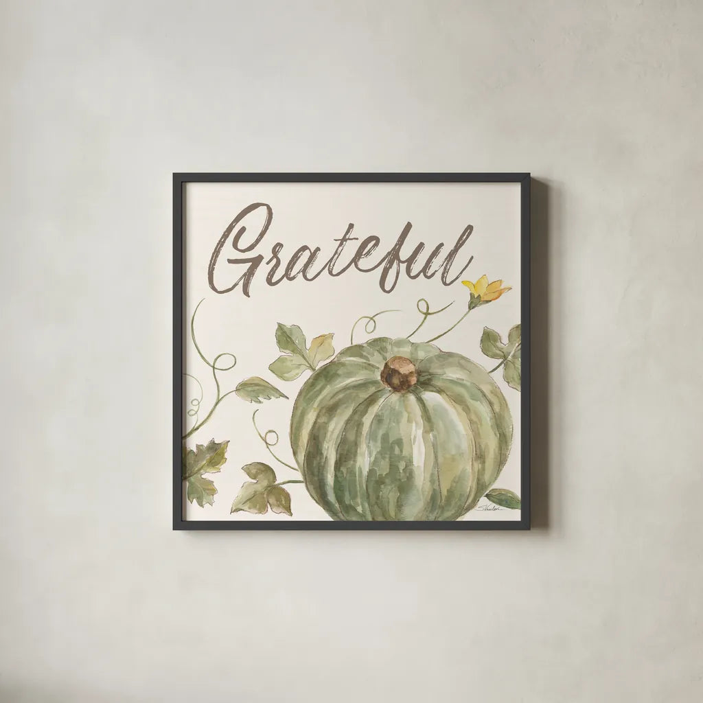 Happy Harvest VII Grateful by Silvia Vassileva. Shown in a sleek black glass frame for a contemporary gallery look. Available as an archival giclee rolled canvas, fine art paper, or poster print. SKU 75101a.