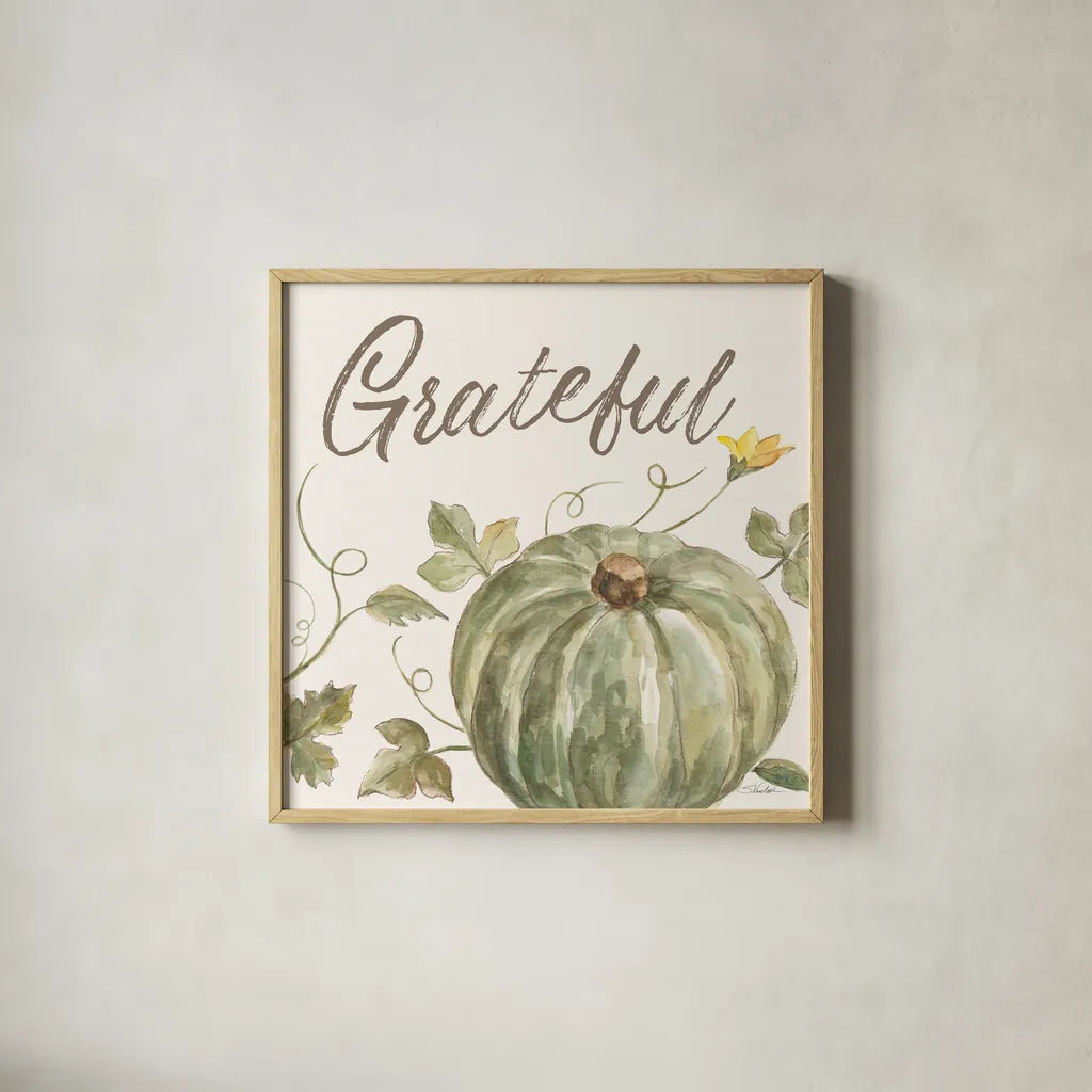 Happy Harvest VII Grateful by Silvia Vassileva. Shown in a natural wood glass frame for a timeless modern aesthetic. Available as an archival giclee rolled canvas, fine art paper, or poster print. SKU 75101a.