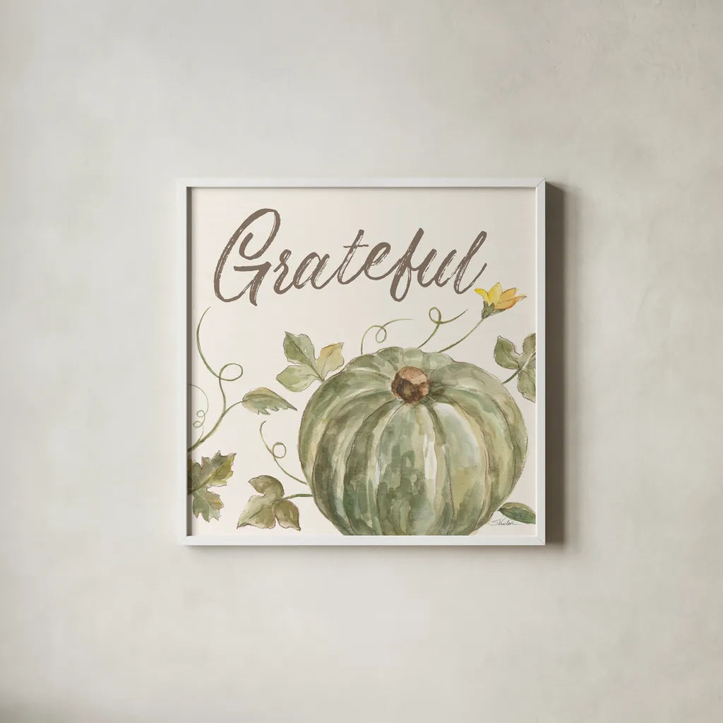 Happy Harvest VII Grateful by Silvia Vassileva. Shown in a crisp white glass frame for a clean and minimalist style. Available as an archival giclee rolled canvas, fine art paper, or poster print. SKU 75101a.