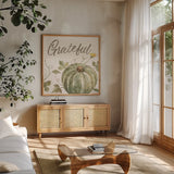 Happy Harvest VII Grateful by Silvia Vassileva. Shown in a natural wood frame in a cozy modern living room. Available as an archival giclee rolled canvas, fine art paper, or poster print. SKU 75101a.