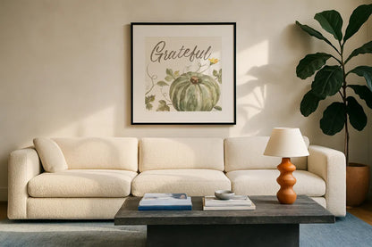 Happy Harvest VII Grateful by Silvia Vassileva. Displayed in a glass frame with matte in a clean modern living room. Available as an archival giclee rolled canvas, fine art paper, or poster print. SKU 75101a.