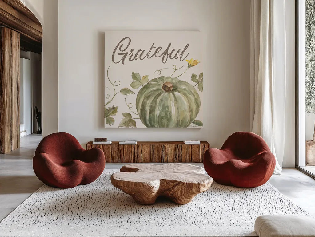 Happy Harvest VII Grateful by Silvia Vassileva. Shown as extra-large giant wall art in a modern living room. Available as an archival giclee rolled canvas, fine art paper, or poster print. SKU 75101a.