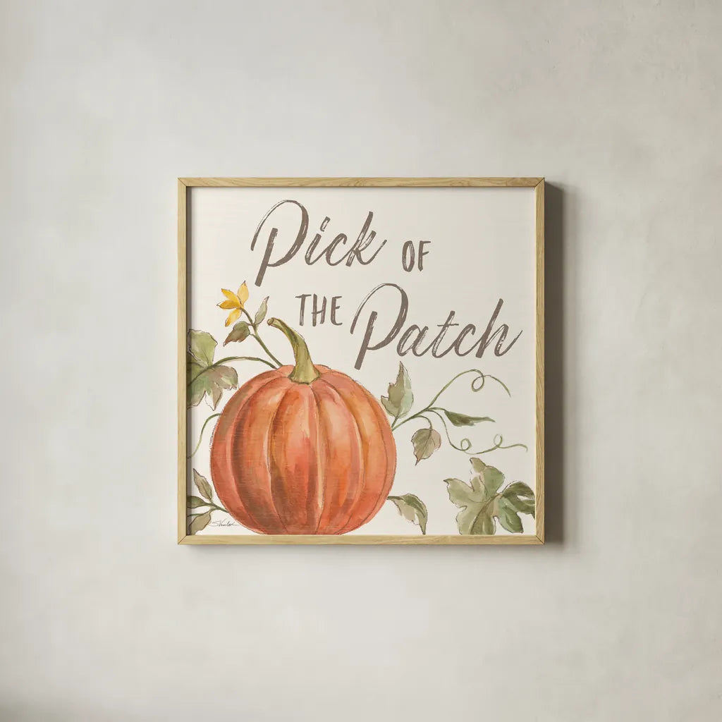 Happy Harvest VIII by Silvia Vassileva. Shown in a natural wood glass frame for a timeless modern aesthetic. Available as an archival giclee rolled canvas, fine art paper, or poster print. SKU 69093a.