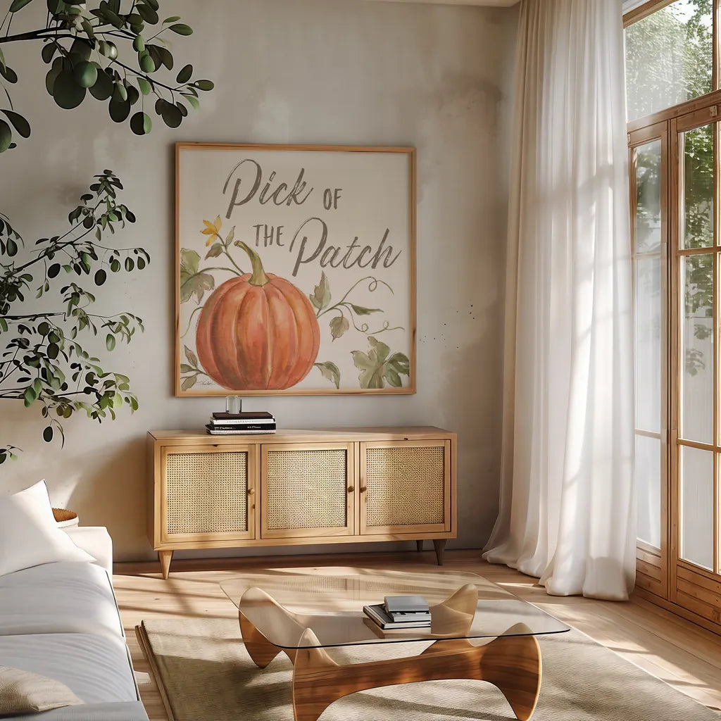 Happy Harvest VIII by Silvia Vassileva. Shown in a natural wood frame in a cozy modern living room. Available as an archival giclee rolled canvas, fine art paper, or poster print. SKU 69093a.
