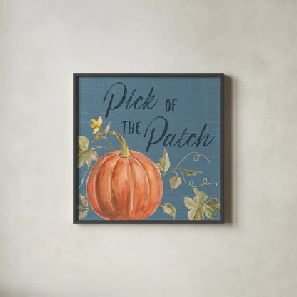 Happy Harvest VIII Blue by Silvia Vassileva. Shown in a sleek black glass frame for a contemporary gallery look. Available as an archival giclee rolled canvas, fine art paper, or poster print. SKU 74793a.