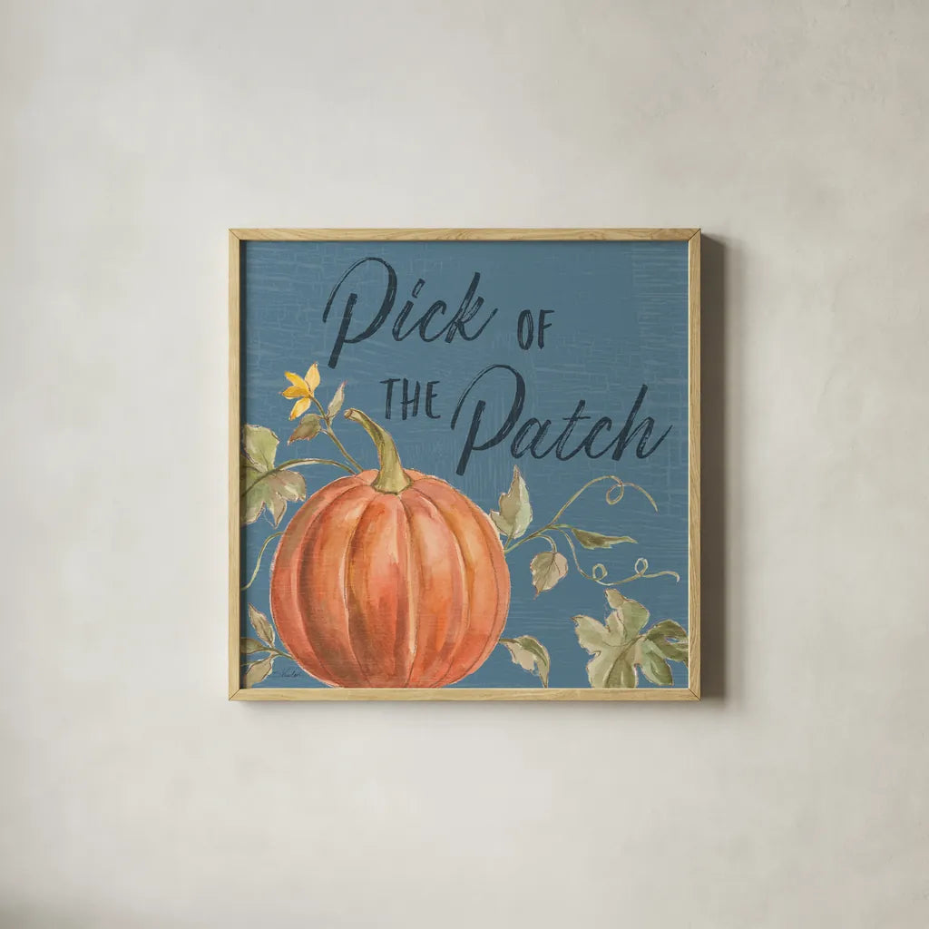 Happy Harvest VIII Blue by Silvia Vassileva. Shown in a natural wood glass frame for a timeless modern aesthetic. Available as an archival giclee rolled canvas, fine art paper, or poster print. SKU 74793a.