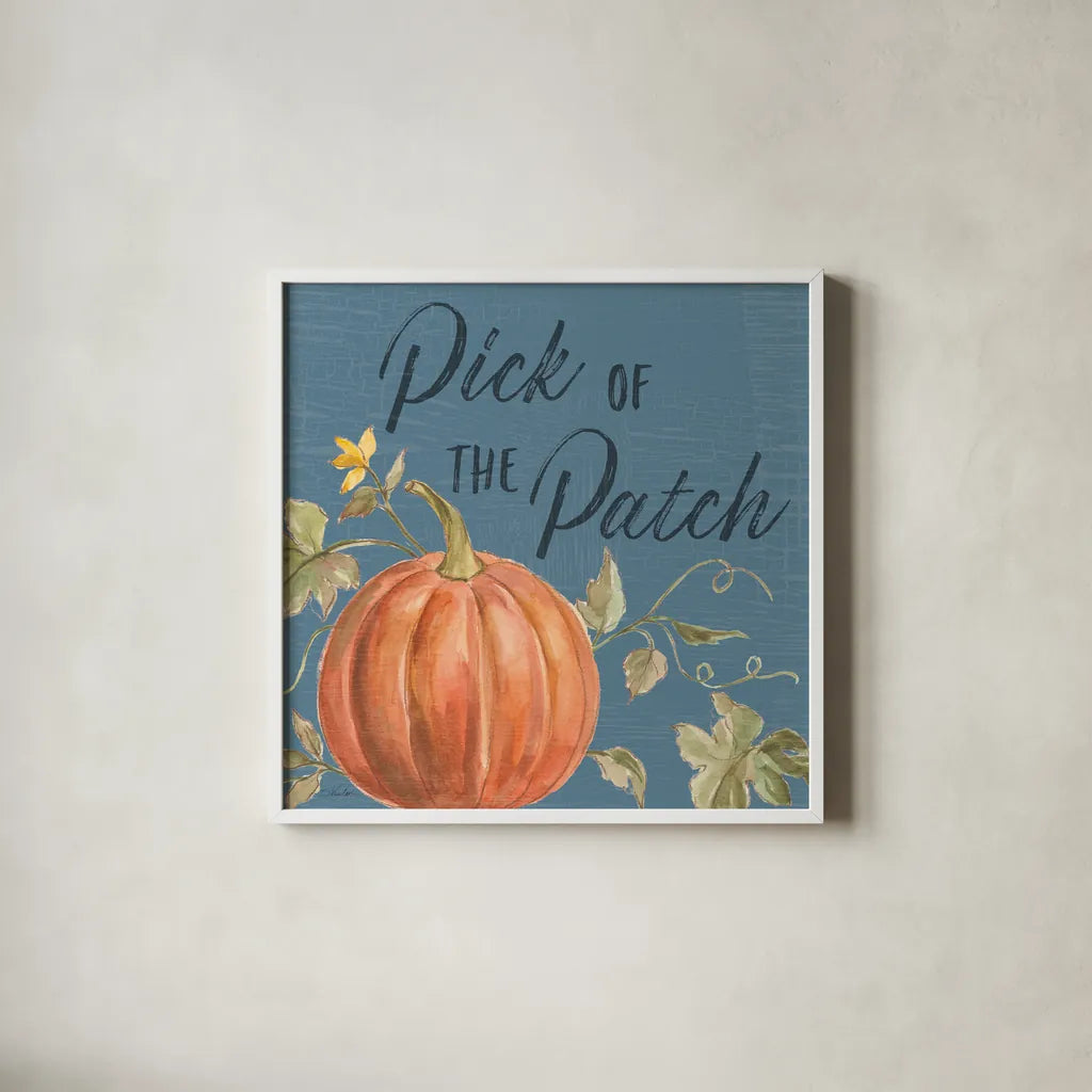 Happy Harvest VIII Blue by Silvia Vassileva. Shown in a crisp white glass frame for a clean and minimalist style. Available as an archival giclee rolled canvas, fine art paper, or poster print. SKU 74793a.