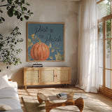 Happy Harvest VIII Blue by Silvia Vassileva. Shown in a natural wood frame in a cozy modern living room. Available as an archival giclee rolled canvas, fine art paper, or poster print. SKU 74793a.