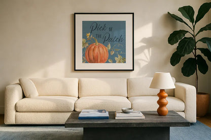 Happy Harvest VIII Blue by Silvia Vassileva. Displayed in a glass frame with matte in a clean modern living room. Available as an archival giclee rolled canvas, fine art paper, or poster print. SKU 74793a.