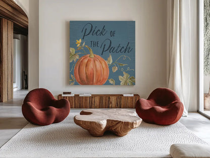 Happy Harvest VIII Blue by Silvia Vassileva. Shown as extra-large giant wall art in a modern living room. Available as an archival giclee rolled canvas, fine art paper, or poster print. SKU 74793a.