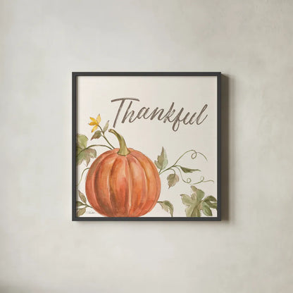 Happy Harvest VIII Thankful by Silvia Vassileva. Shown in a sleek black glass frame for a contemporary gallery look. Available as an archival giclee rolled canvas, fine art paper, or poster print. SKU 75102a.