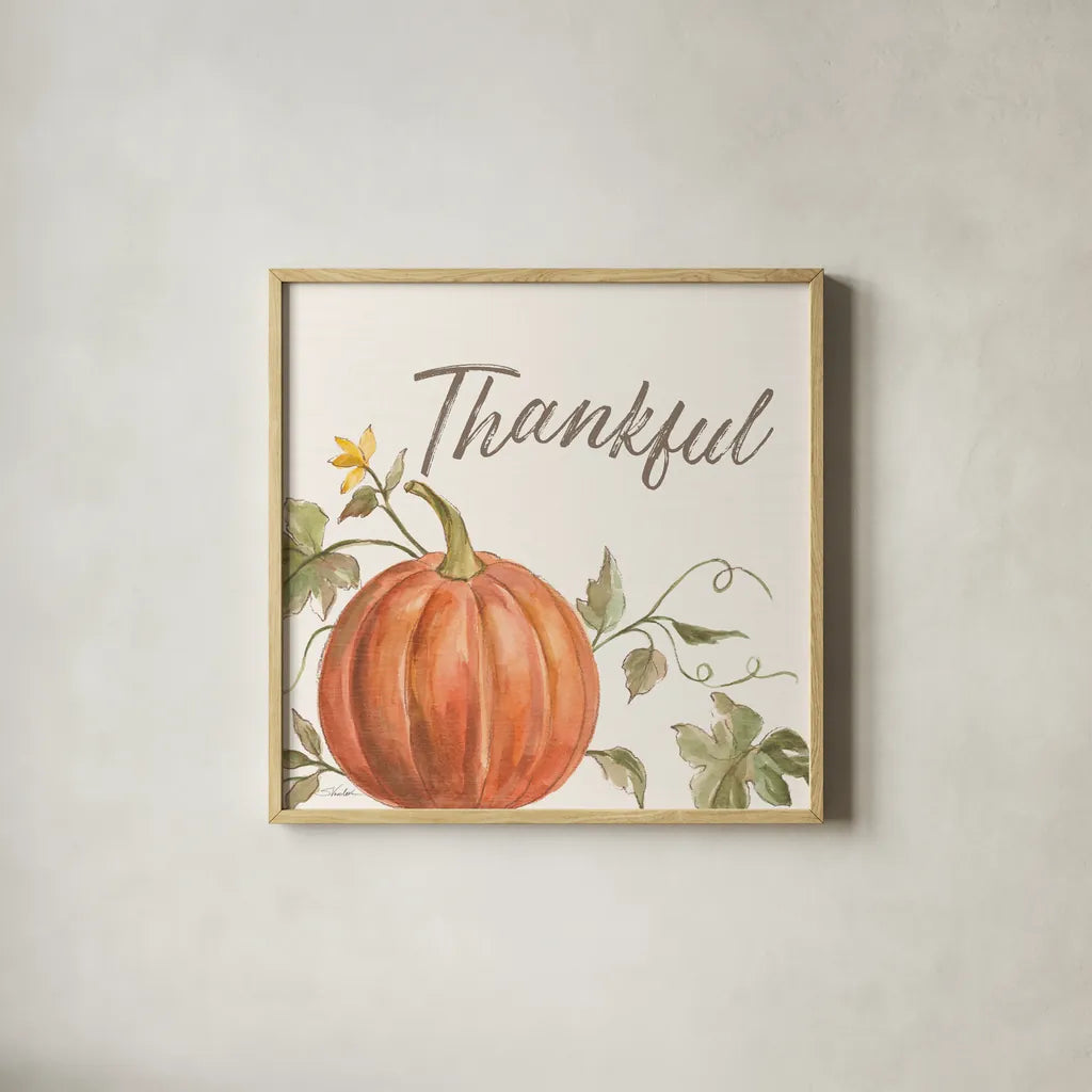 Happy Harvest VIII Thankful by Silvia Vassileva. Shown in a natural wood glass frame for a timeless modern aesthetic. Available as an archival giclee rolled canvas, fine art paper, or poster print. SKU 75102a.