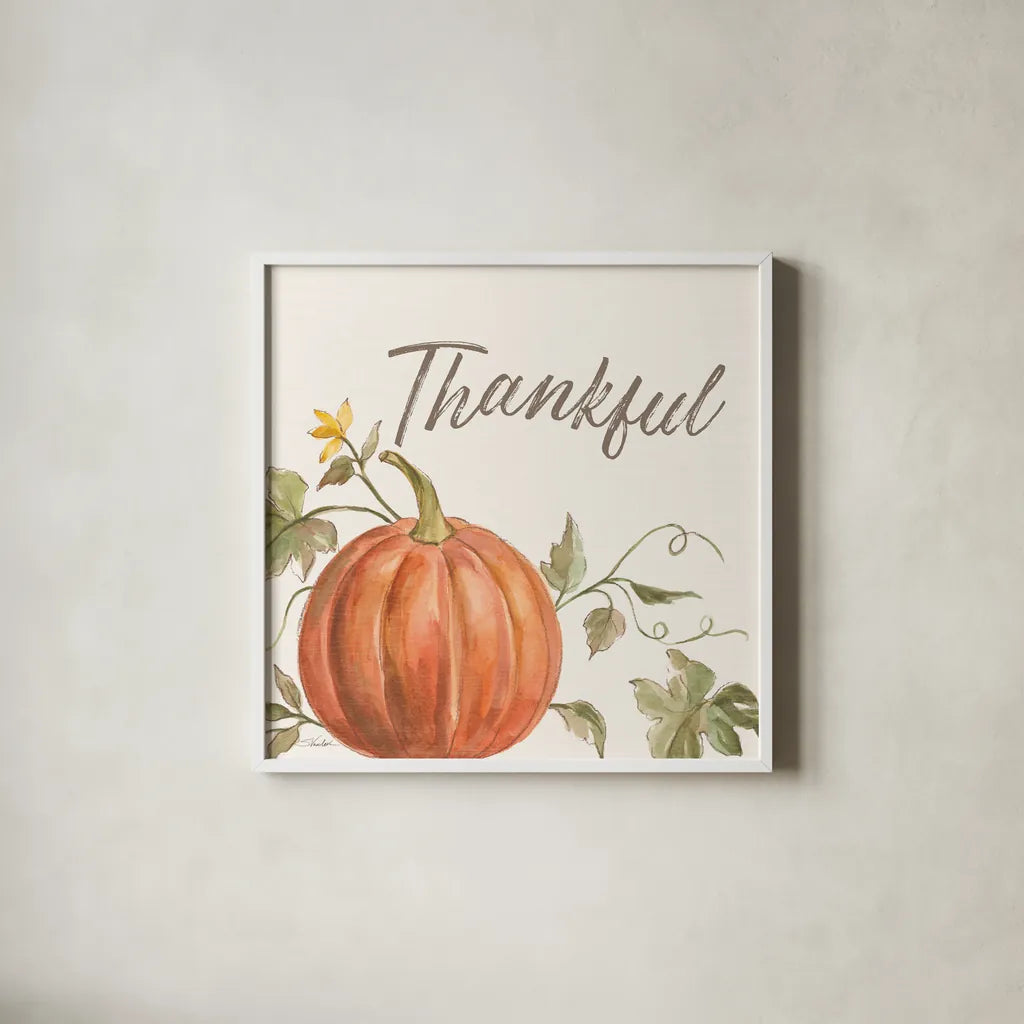 Happy Harvest VIII Thankful by Silvia Vassileva. Shown in a crisp white glass frame for a clean and minimalist style. Available as an archival giclee rolled canvas, fine art paper, or poster print. SKU 75102a.