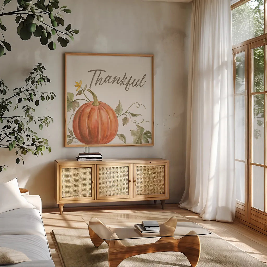 Happy Harvest VIII Thankful by Silvia Vassileva. Shown in a natural wood frame in a cozy modern living room. Available as an archival giclee rolled canvas, fine art paper, or poster print. SKU 75102a.