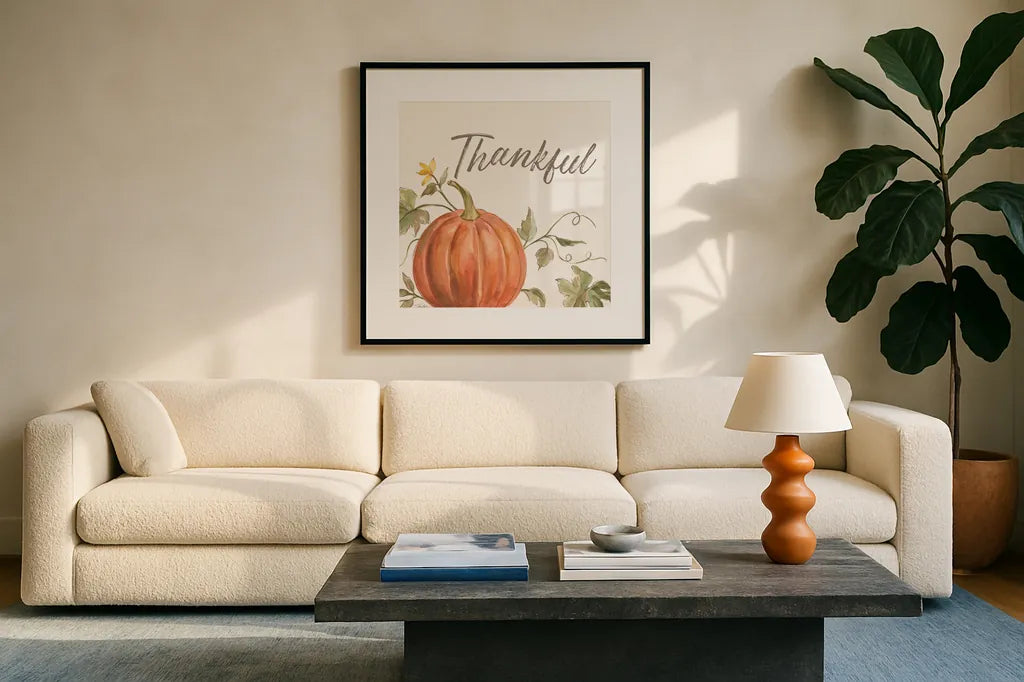 Happy Harvest VIII Thankful by Silvia Vassileva. Displayed in a glass frame with matte in a clean modern living room. Available as an archival giclee rolled canvas, fine art paper, or poster print. SKU 75102a.