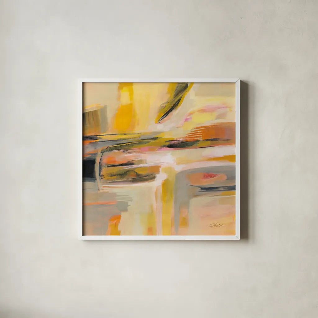 Happy Sunshine by Silvia Vassileva. Shown in a crisp white glass frame for a clean and minimalist style. Available as an archival giclee rolled canvas, fine art paper, or poster print. SKU 70149a.