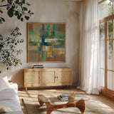 Harbor View by Silvia Vassileva. Shown in a natural wood frame in a cozy modern living room. Available as an archival giclee rolled canvas, fine art paper, or poster print. SKU 95586a.