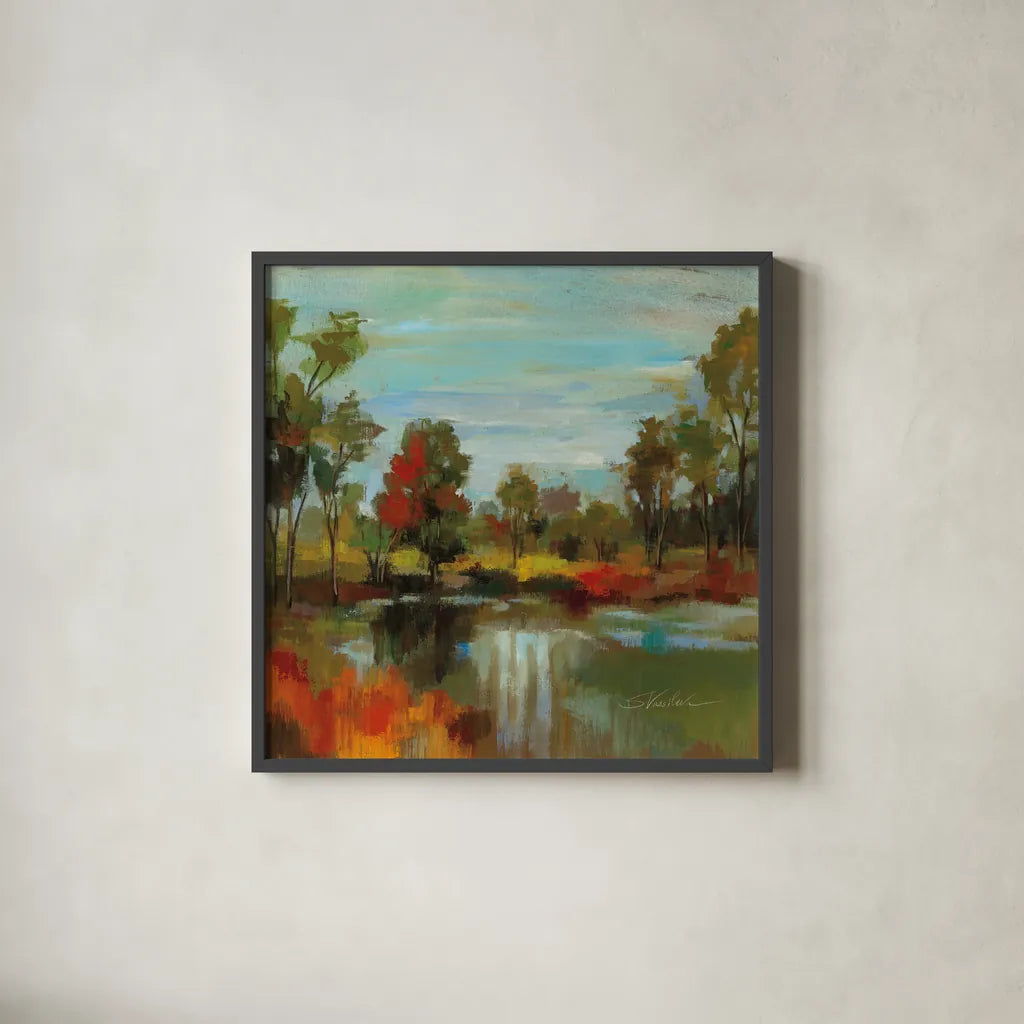 Hidden Pond Hues I by Silvia Vassileva. Shown in a sleek black glass frame for a contemporary gallery look. Available as an archival giclee rolled canvas, fine art paper, or poster print. SKU 7324a.