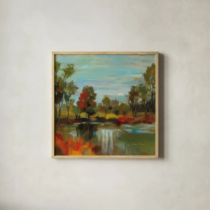 Hidden Pond Hues I by Silvia Vassileva. Shown in a natural wood glass frame for a timeless modern aesthetic. Available as an archival giclee rolled canvas, fine art paper, or poster print. SKU 7324a.