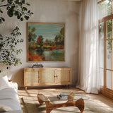 Hidden Pond Hues I by Silvia Vassileva. Shown in a natural wood frame in a cozy modern living room. Available as an archival giclee rolled canvas, fine art paper, or poster print. SKU 7324a.