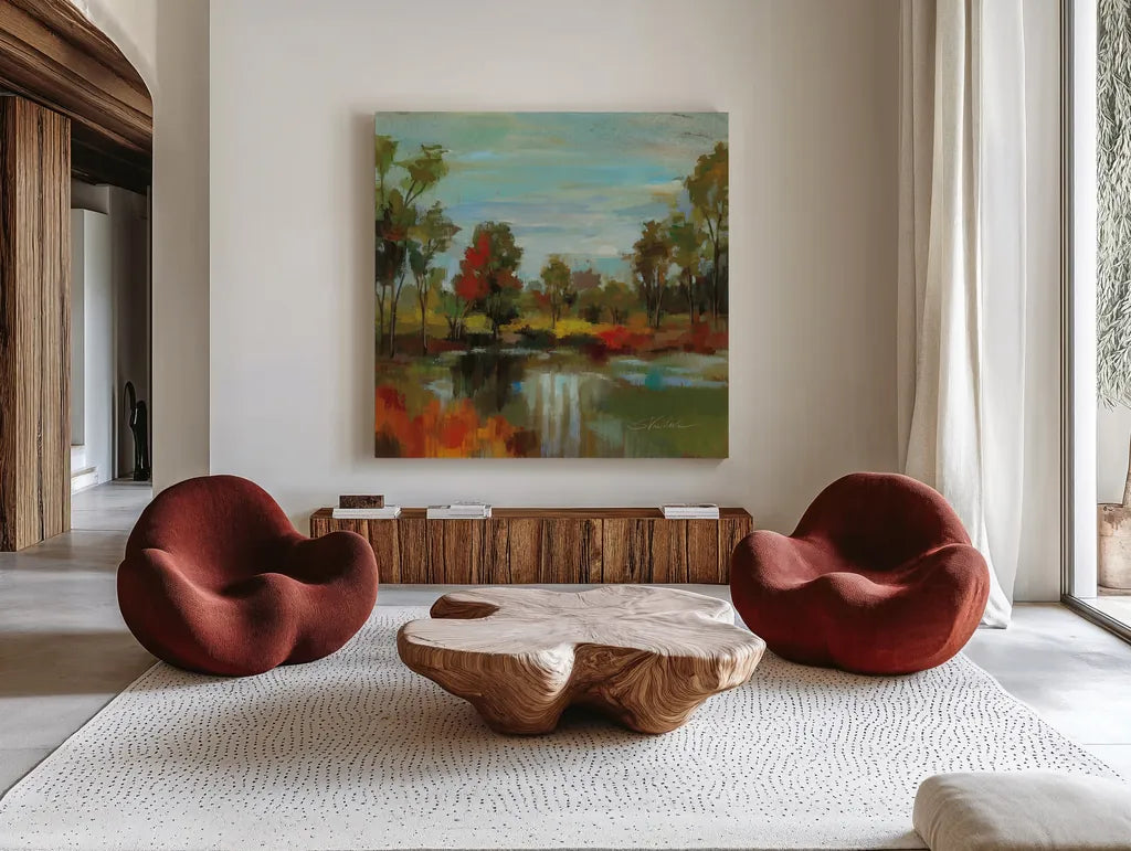 Hidden Pond Hues I by Silvia Vassileva. Shown as extra-large giant wall art in a modern living room. Available as an archival giclee rolled canvas, fine art paper, or poster print. SKU 7324a.