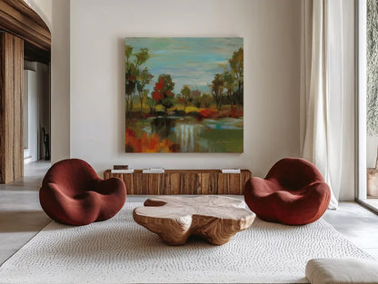 Hidden Pond Hues I by Silvia Vassileva. Shown as extra-large giant wall art in a modern living room. Available as an archival giclee rolled canvas, fine art paper, or poster print. SKU 7324a.