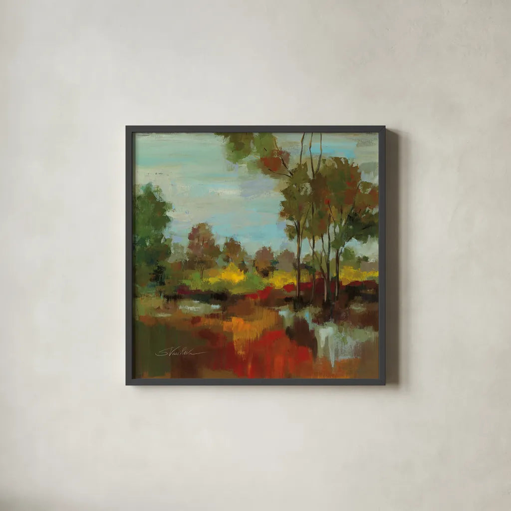 Hidden Pond Hues II by Silvia Vassileva. Shown in a sleek black glass frame for a contemporary gallery look. Available as an archival giclee rolled canvas, fine art paper, or poster print. SKU 7325a.