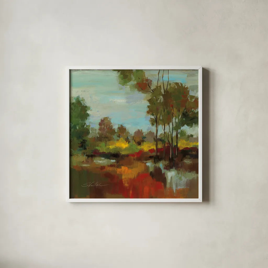 Hidden Pond Hues II by Silvia Vassileva. Shown in a crisp white glass frame for a clean and minimalist style. Available as an archival giclee rolled canvas, fine art paper, or poster print. SKU 7325a.