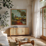 Hidden Pond Hues II by Silvia Vassileva. Shown in a natural wood frame in a cozy modern living room. Available as an archival giclee rolled canvas, fine art paper, or poster print. SKU 7325a.