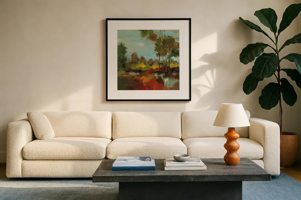Hidden Pond Hues II by Silvia Vassileva. Displayed in a glass frame with matte in a clean modern living room. Available as an archival giclee rolled canvas, fine art paper, or poster print. SKU 7325a.