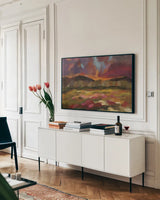 High Desert Rhythm by Silvia Vassileva. shown as a framed stretched canvas in a living room above a console. Available as a archival giclee rolled canvas, fine art paper, or poster print. SKU 104244i.