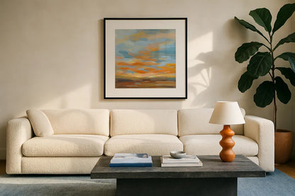 High Desert Sky II Bright Blue by Silvia Vassileva. Displayed in a glass frame with matte in a clean modern living room. Available as an archival giclee rolled canvas, fine art paper, or poster print. SKU 55345a.
