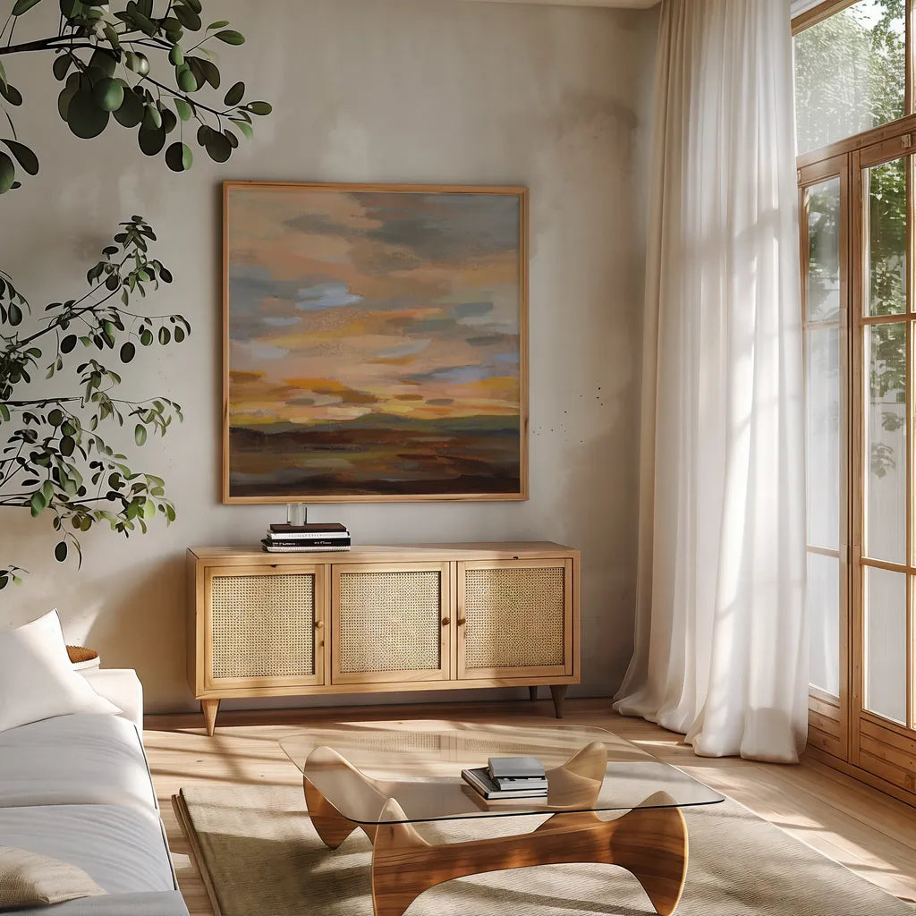 High Desert Sky III by Silvia Vassileva. Shown in a natural wood frame in a cozy modern living room. Available as an archival giclee rolled canvas, fine art paper, or poster print. SKU 49265a.