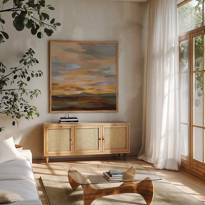 High Desert Sky III by Silvia Vassileva. Shown in a natural wood frame in a cozy modern living room. Available as an archival giclee rolled canvas, fine art paper, or poster print. SKU 49265a.