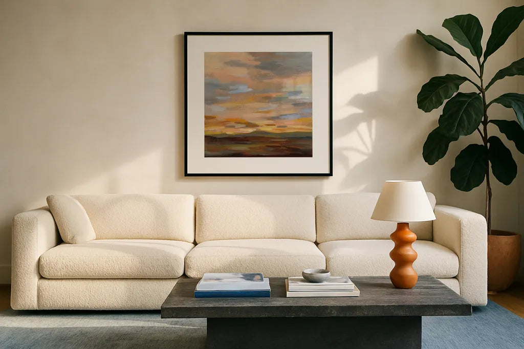 High Desert Sky III by Silvia Vassileva. Displayed in a glass frame with matte in a clean modern living room. Available as an archival giclee rolled canvas, fine art paper, or poster print. SKU 49265a.