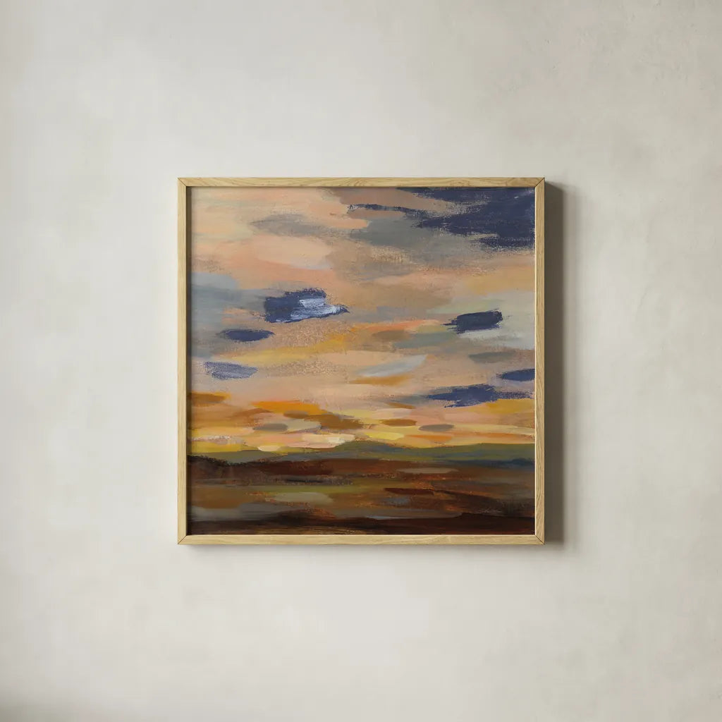 High Desert Sky III Navy by Silvia Vassileva. Shown in a natural wood glass frame for a timeless modern aesthetic. Available as an archival giclee rolled canvas, fine art paper, or poster print. SKU 56066a.