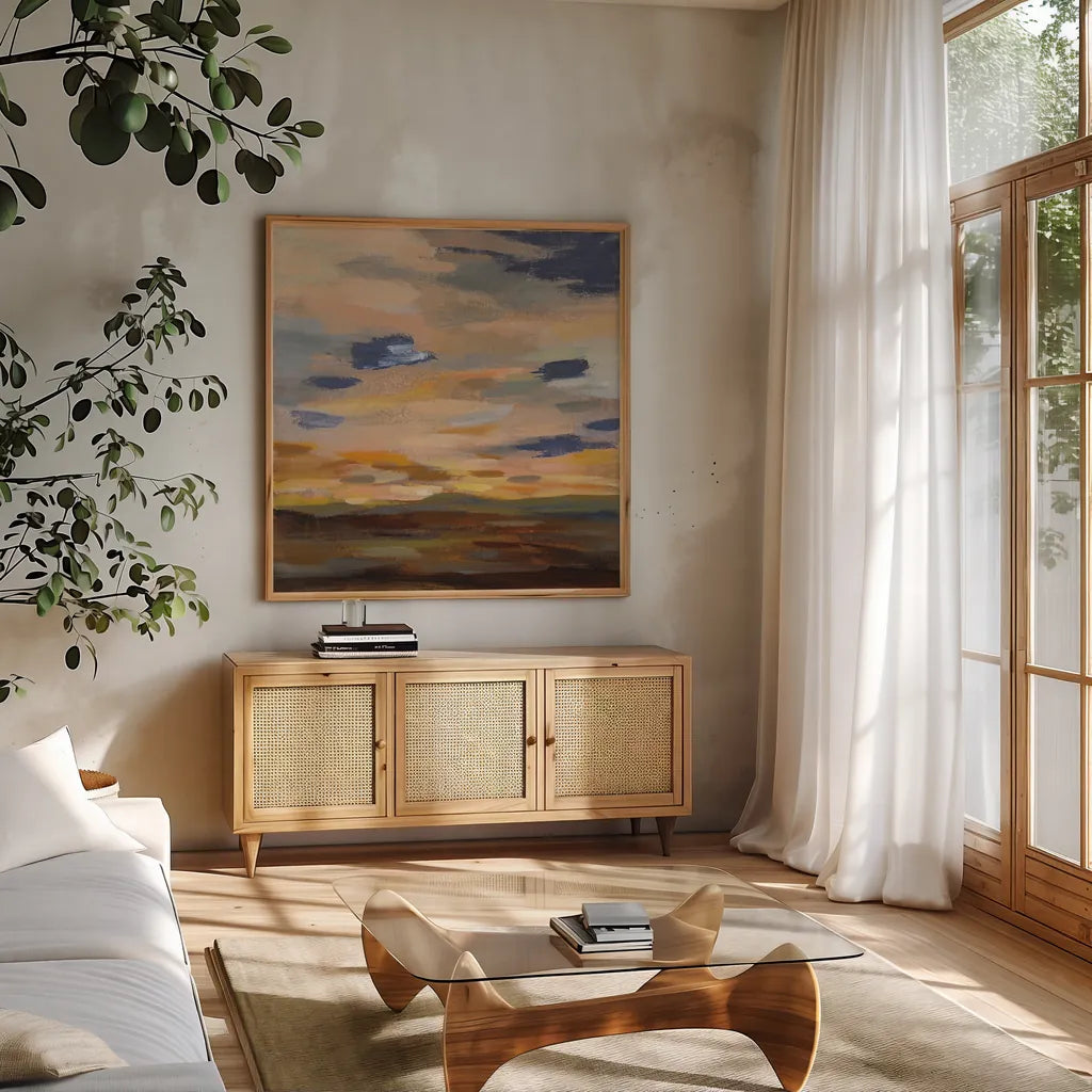 High Desert Sky III Navy by Silvia Vassileva. Shown in a natural wood frame in a cozy modern living room. Available as an archival giclee rolled canvas, fine art paper, or poster print. SKU 56066a.