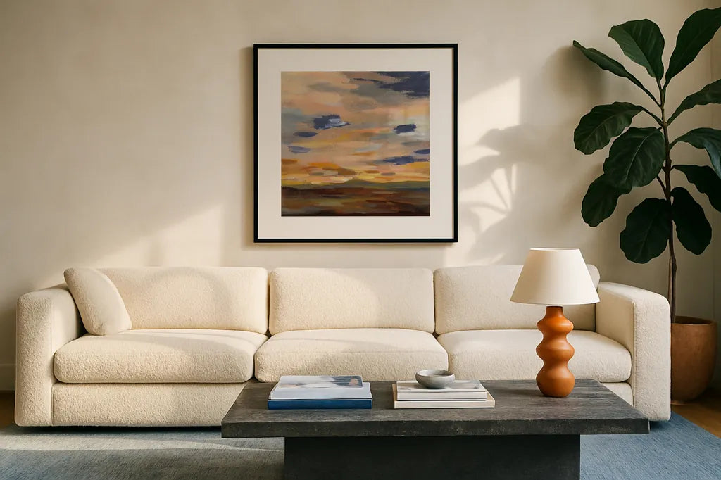 High Desert Sky III Navy by Silvia Vassileva. Displayed in a glass frame with matte in a clean modern living room. Available as an archival giclee rolled canvas, fine art paper, or poster print. SKU 56066a.