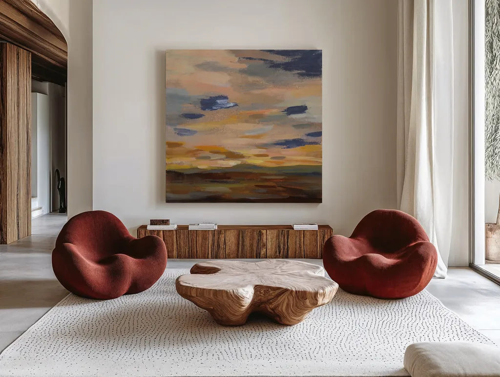 High Desert Sky III Navy by Silvia Vassileva. Shown as extra-large giant wall art in a modern living room. Available as an archival giclee rolled canvas, fine art paper, or poster print. SKU 56066a.