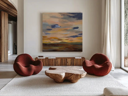 High Desert Sky III Navy by Silvia Vassileva. Shown as extra-large giant wall art in a modern living room. Available as an archival giclee rolled canvas, fine art paper, or poster print. SKU 56066a.