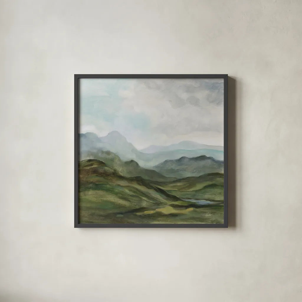 High Mountain by Silvia Vassileva. Shown in a sleek black glass frame for a contemporary gallery look. Available as an archival giclee rolled canvas, fine art paper, or poster print. SKU 99705a.