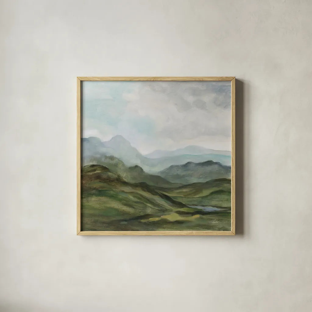 High Mountain by Silvia Vassileva. Shown in a natural wood glass frame for a timeless modern aesthetic. Available as an archival giclee rolled canvas, fine art paper, or poster print. SKU 99705a.