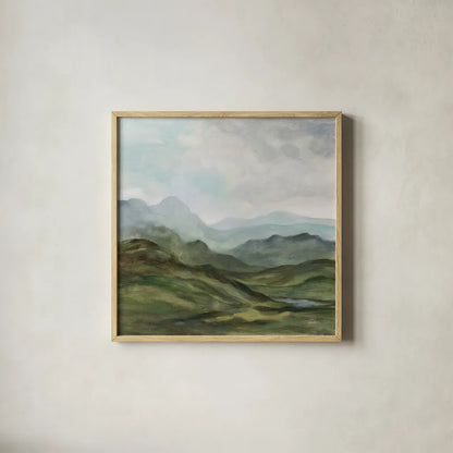 High Mountain by Silvia Vassileva. Shown in a natural wood glass frame for a timeless modern aesthetic. Available as an archival giclee rolled canvas, fine art paper, or poster print. SKU 99705a.