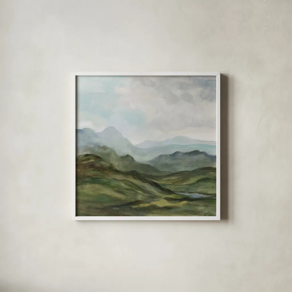 High Mountain by Silvia Vassileva. Shown in a crisp white glass frame for a clean and minimalist style. Available as an archival giclee rolled canvas, fine art paper, or poster print. SKU 99705a.