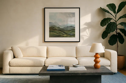 High Mountain by Silvia Vassileva. Displayed in a glass frame with matte in a clean modern living room. Available as an archival giclee rolled canvas, fine art paper, or poster print. SKU 99705a.