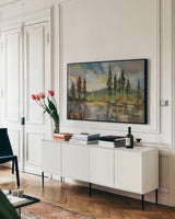 High Mountain Lake by Silvia Vassileva. shown as a framed stretched canvas in a living room above a console. Available as a archival giclee rolled canvas, fine art paper, or poster print. SKU 89312i.