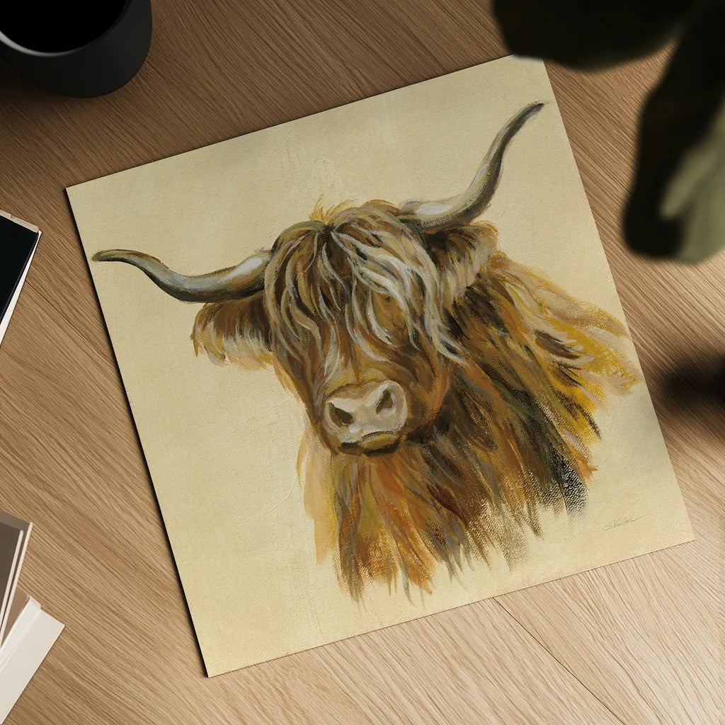 Highland Animal Cow by Silvia Vassileva. Shown as a detailed flat fine art print, highlighting archival giclee quality. Available as an archival giclee rolled canvas, fine art paper, or poster print. SKU 55086a.